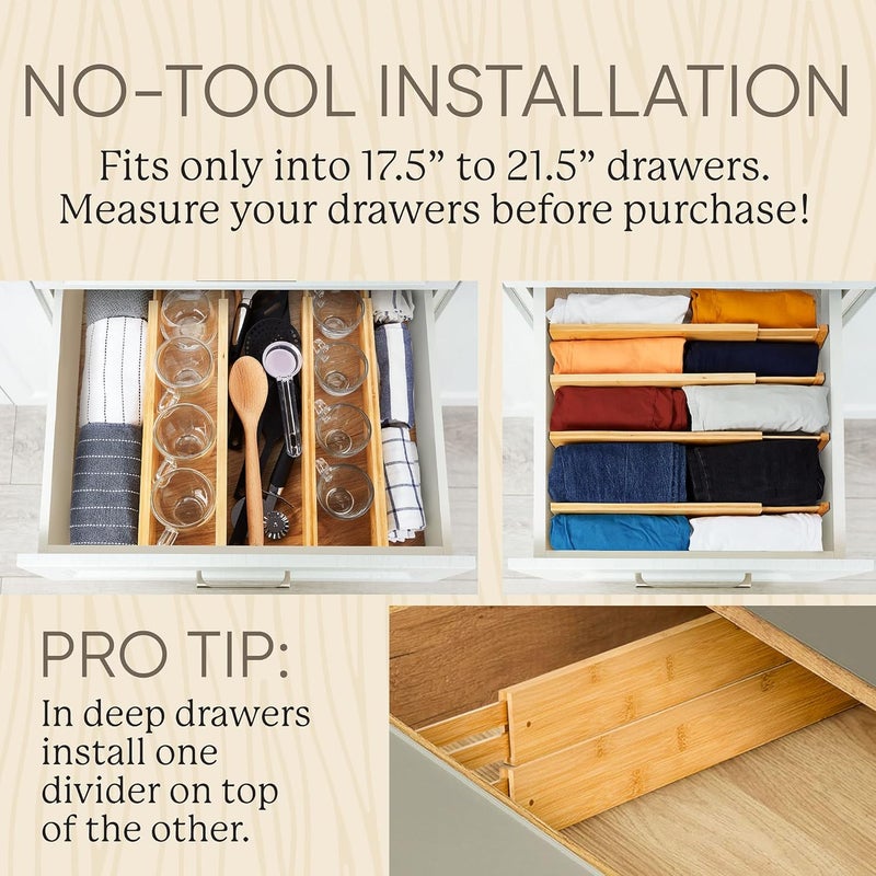Night Tree Expandable Bamboo Drawer Dividers – drawer separators for Clothes, Kitchen Utensils, Bathroom, and Dresser Drawers (17.5" to 21.5") - Image 4